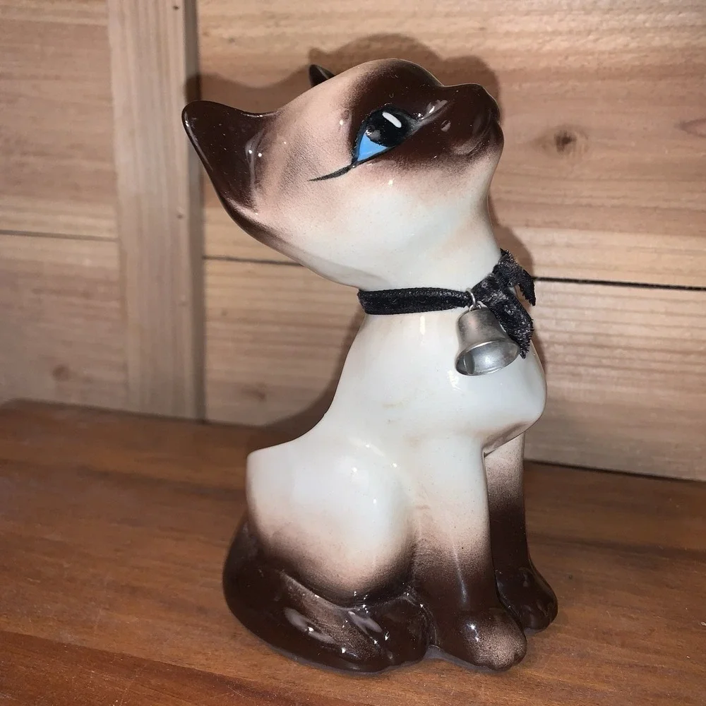 VTG Siamese Cat Ceramic Planter Granny Cottage Core Mid-Century Blue Eyes W/bell